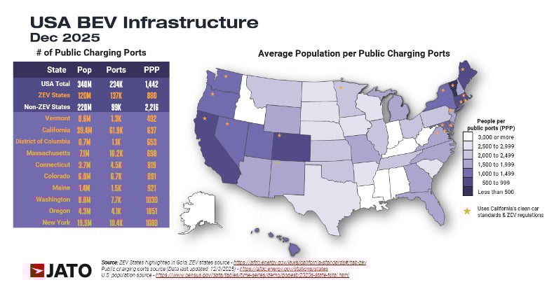 US map of public EV charging ports and access in 2025
